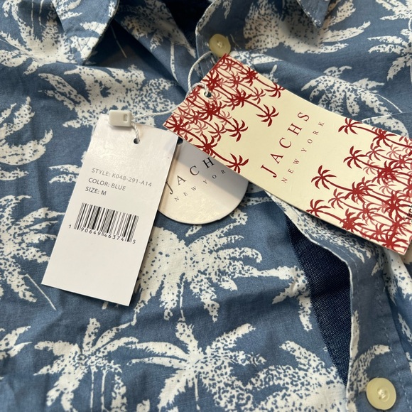 Jachs Blue White Tropical Palm Print Stretch Short Sleeve Button Up Shirt NEW M - Picture 13 of 14